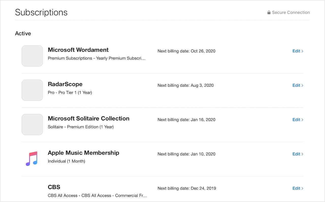 Subscriptions shows active and expired subscriptions, the next billing date, and an edit button for changing the subscription details. 