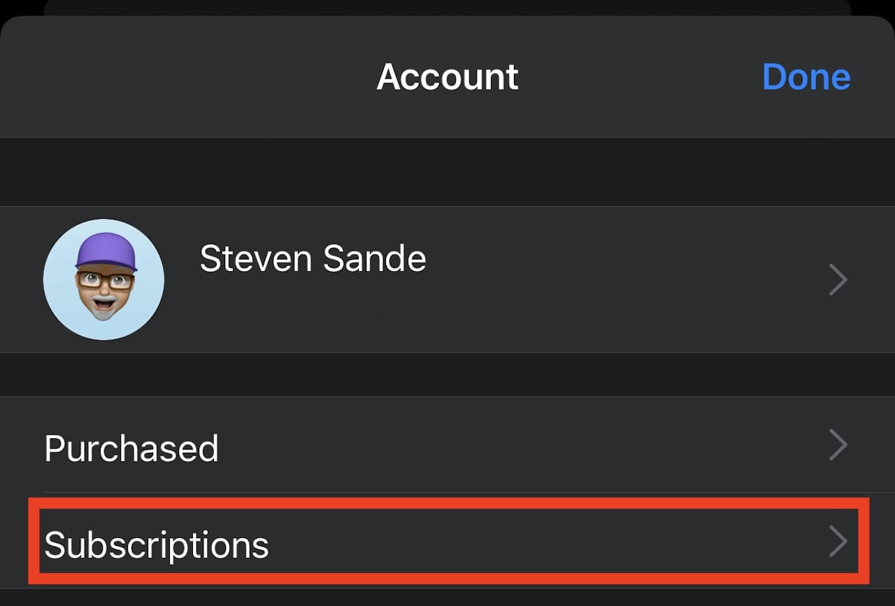 Tap the Subscriptions button (highlighted in red above) to see all of your subscriptions and manage them.
