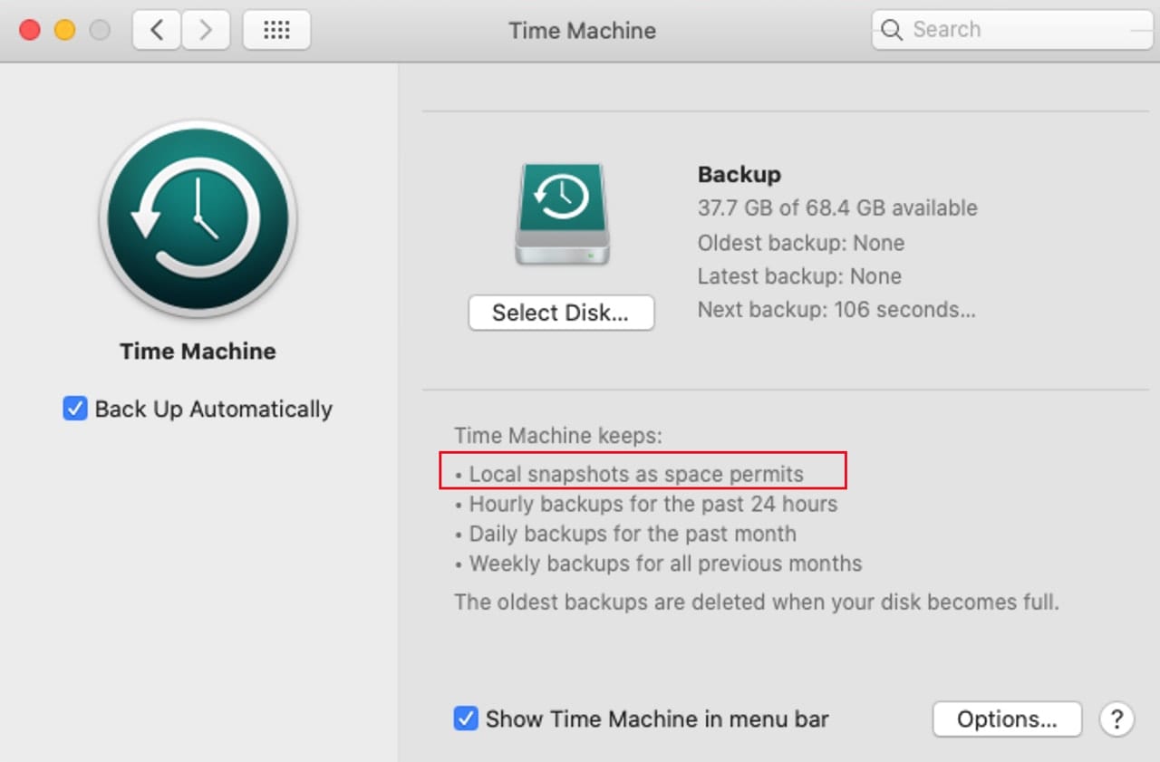 Time Machine preference pane with "Local snapshots as space permits" highlighted.