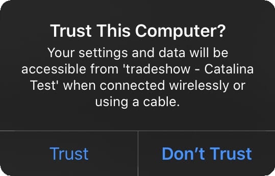 "Trust this computer" popup window on iPhone.