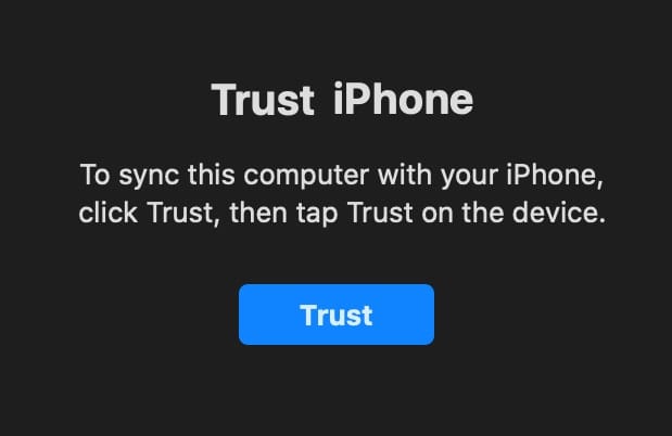 "Trust iPhone" popup window on a Mac.