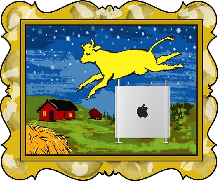 Cow jumping over a 2019 Mac Pro