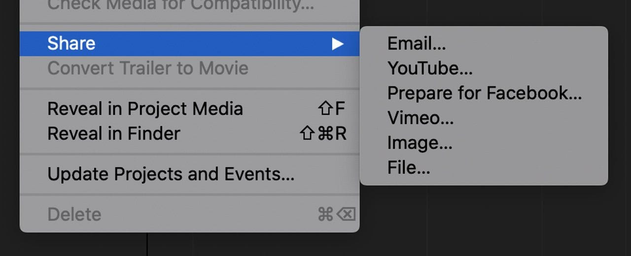 Sharing options in iMovie. Saving as a File, then uploading it to social media is the best way to share it in the best possible resolution.