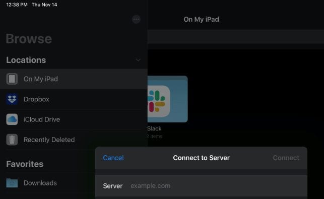 Screenshot of iPad Files App connecting to server