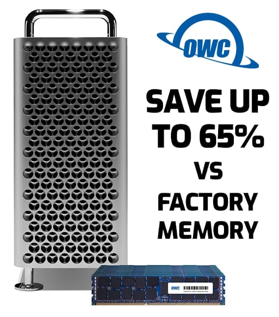 Picture of a 2019 Mac Pro with OWC memory sayoing "Save up to 65% vs factory memory"