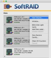SoftRAID window showing dropdown menu with New Volume