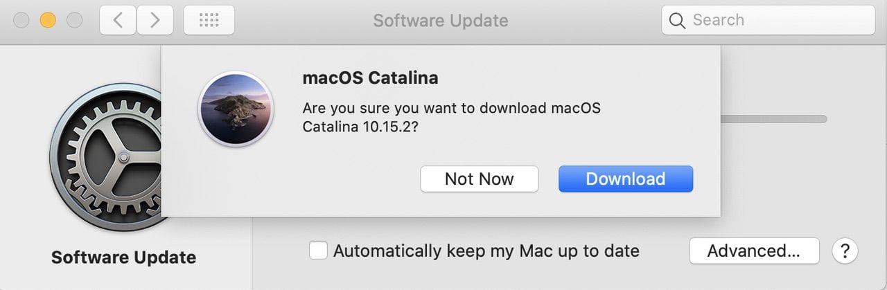 Software Update asks you to verify that you want to download a copy of macOS Catalina