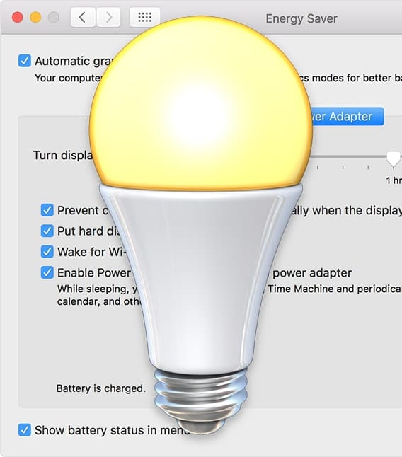 Mac Energy Saver lightbulb icon on top of Energy Saver Preferance Pane