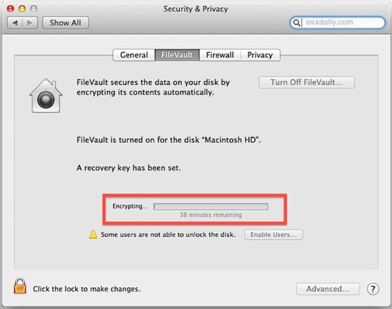 macOS FileVault preference pane showing a dick been encrypted