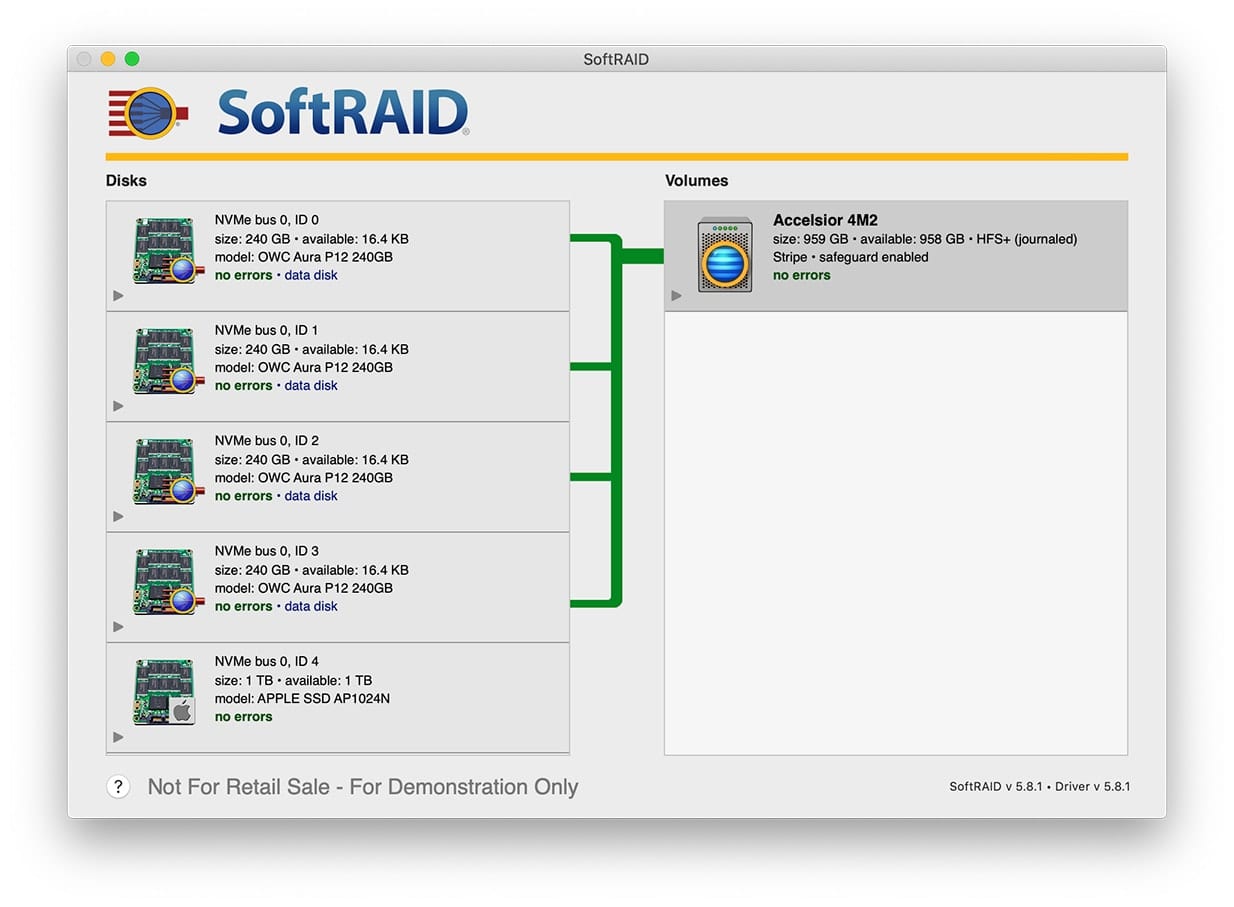 Screenshot of SoftRAID with Accelsior 4M2