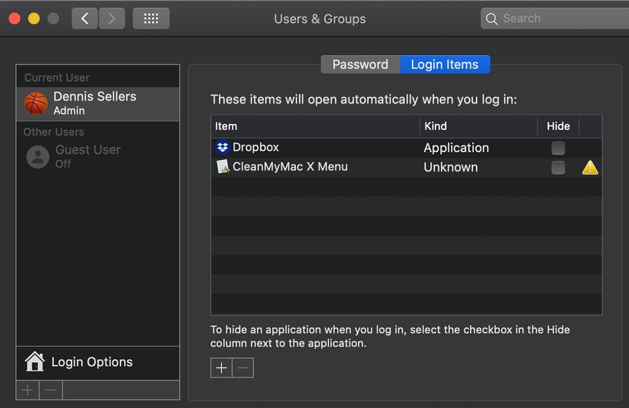 Mac Users & Groups showing Login Items