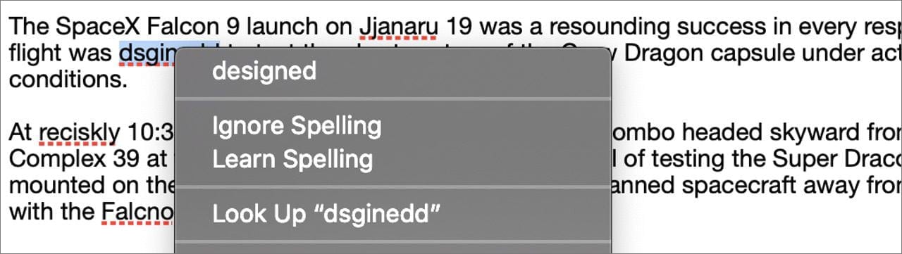 Right-clicking a misspelled word displays an abbreviated dialog with the "best guess", ignore spelling, and learn spelling commands listed.