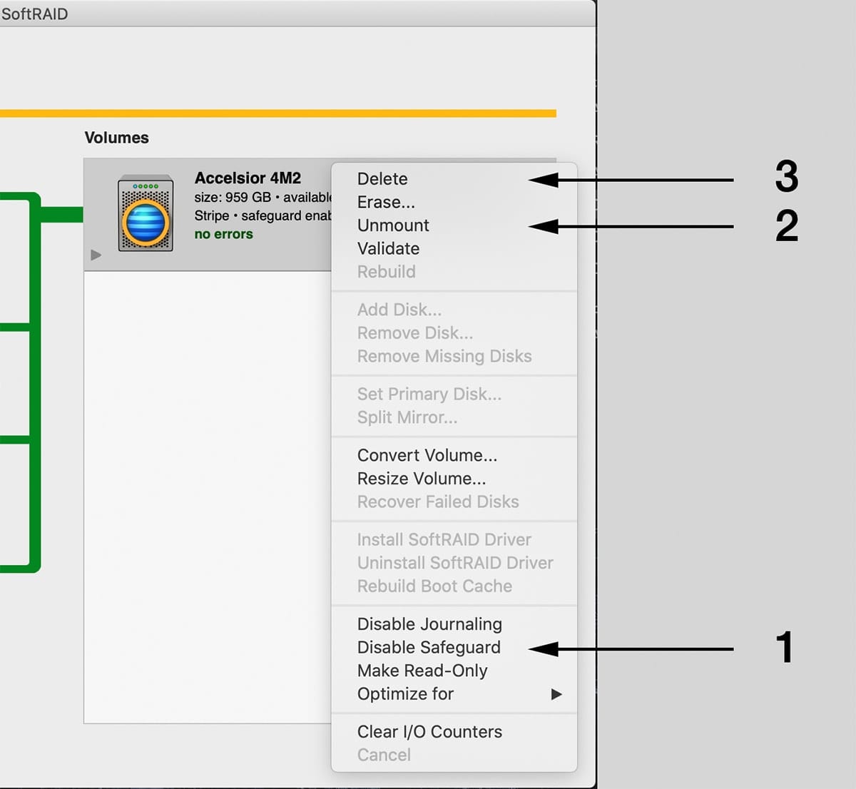 Screenshot of SoftRAID showing dropdown menu