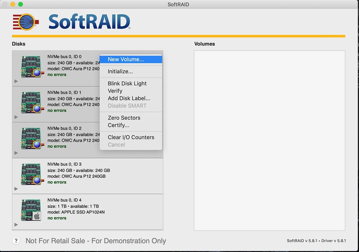 Screenshot of SoftRAID with "New Volume" selected