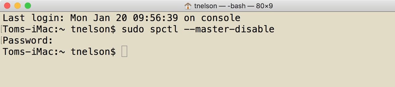 Terminal command to disable Gatekeeper.