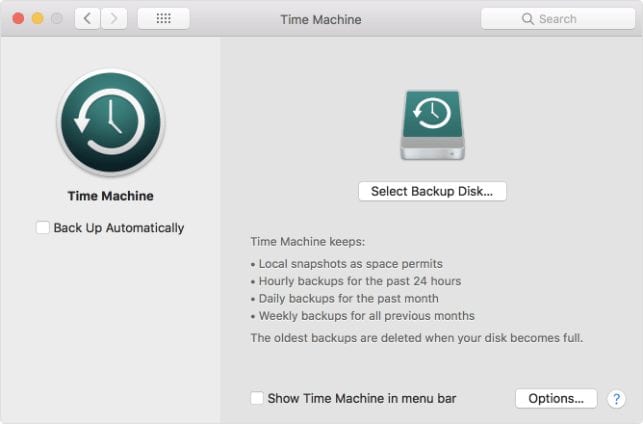 Screenshot of Time Machine Select Backup Disk preferences