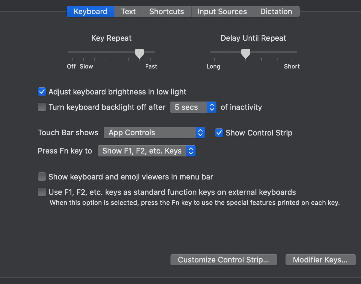 touch bar shortcuts