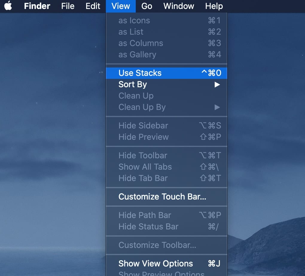 Screenshot of Mac Finder menu View > Use Stacks...