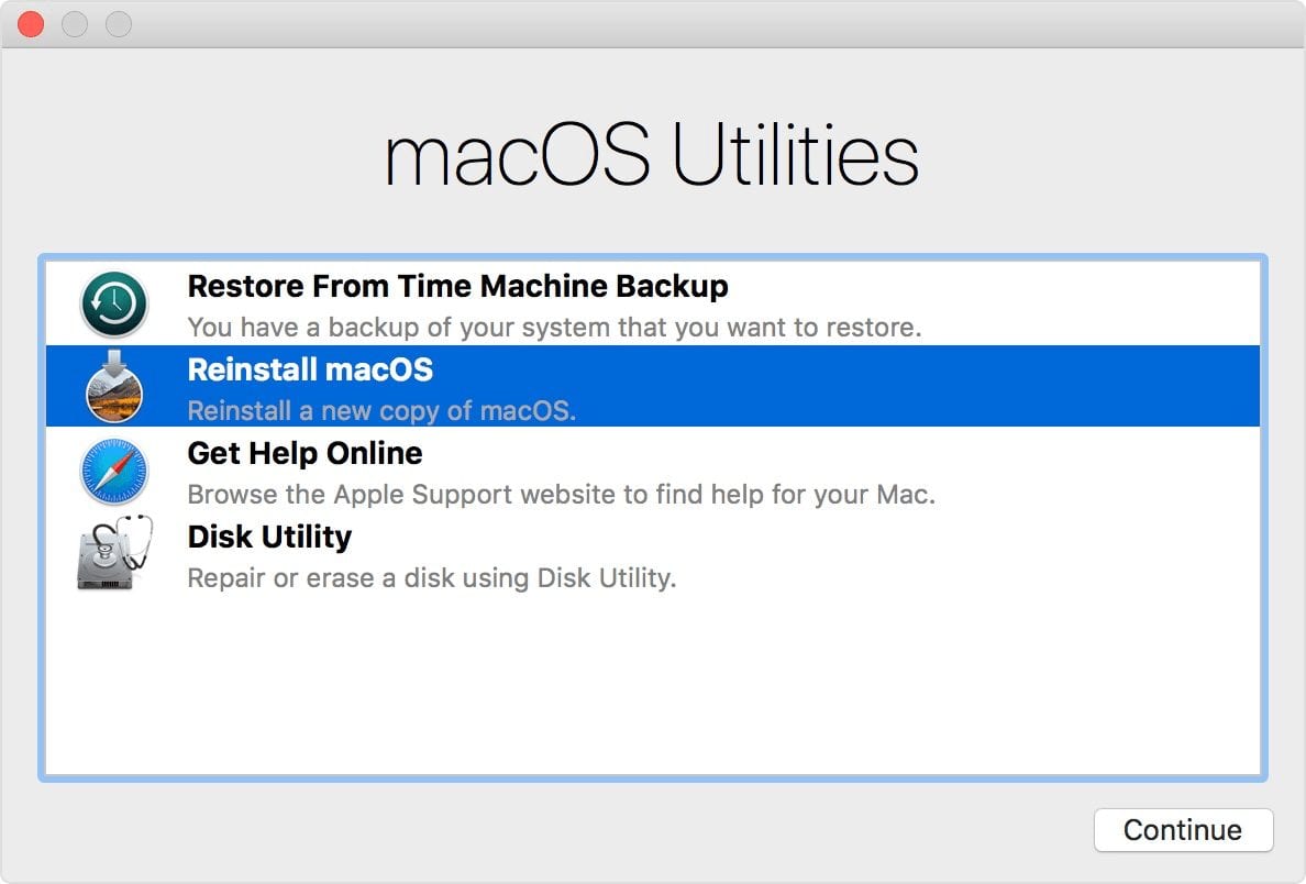 Screenshot of macOS Utilities window with "Reinstall macOS" selected.