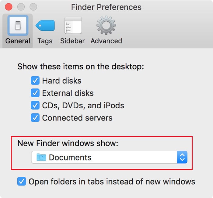 Finder Preferences to set default folder.