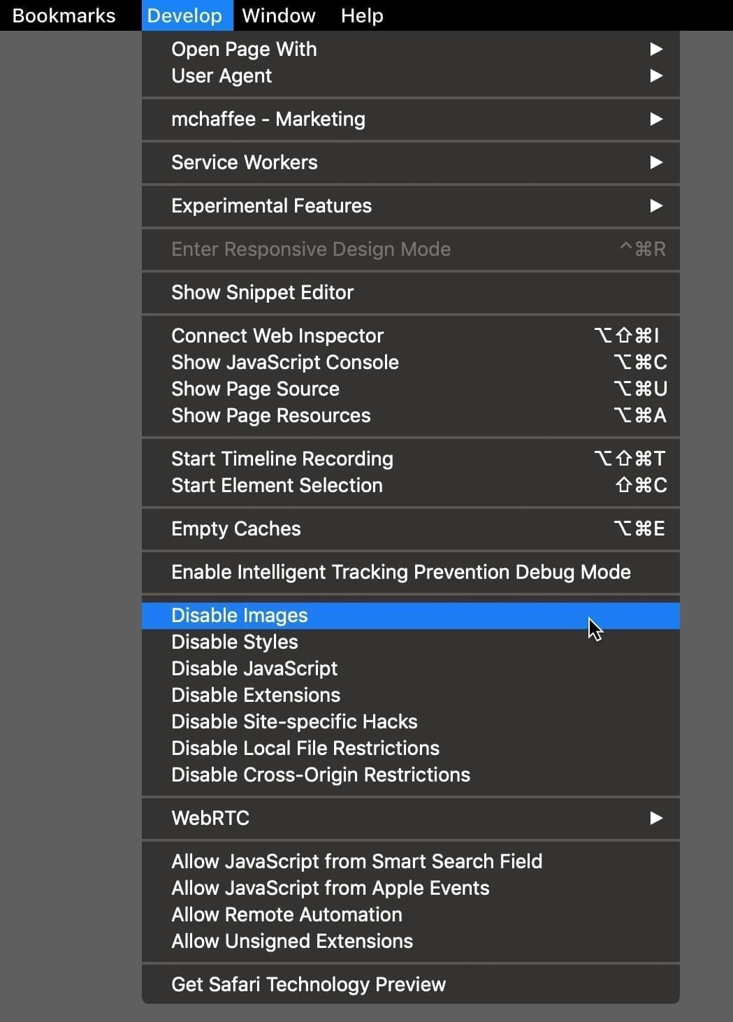 Safari devlop menu dropdown
