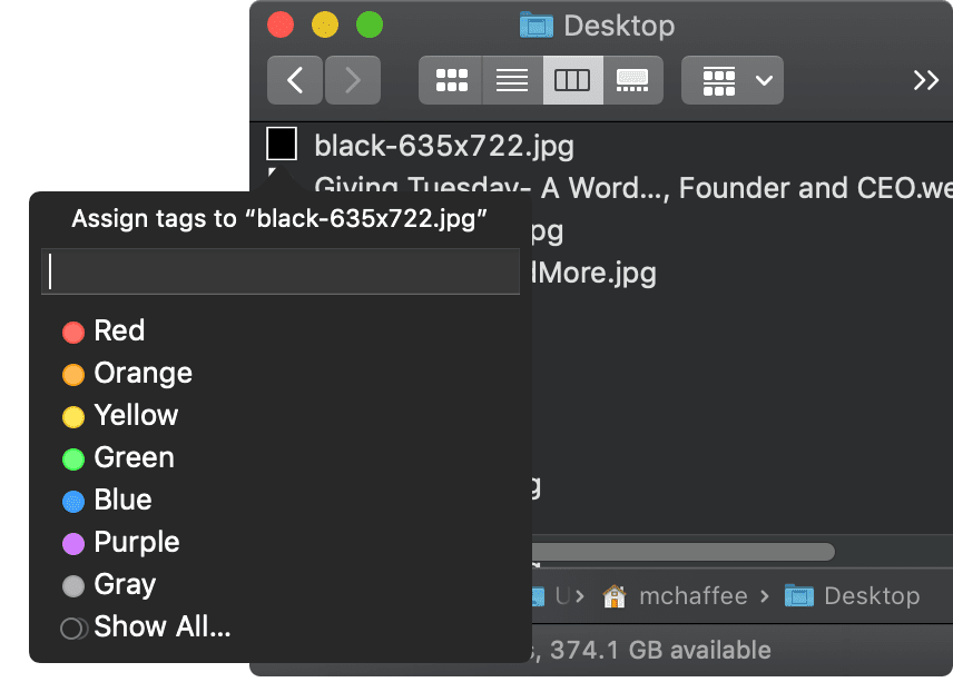 Assign Tags popup menu in Mac Finder