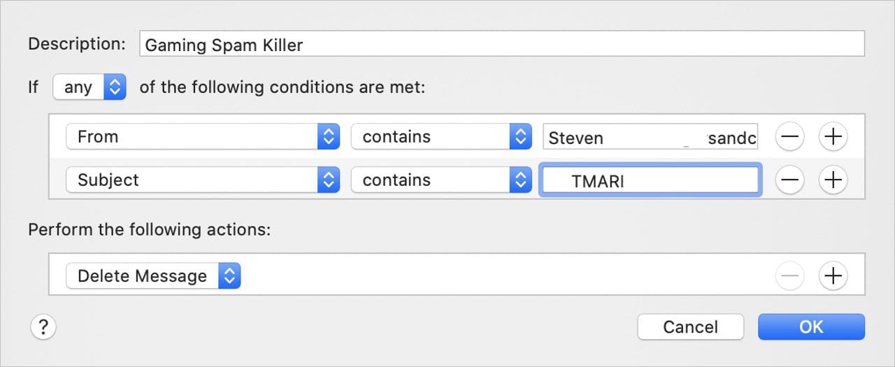 Setting an email rule to automatically delete messages from a persistent sender