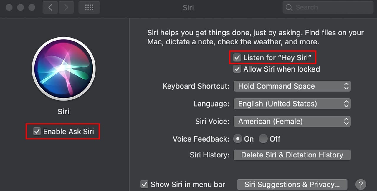 Mac siri system preferences showing "enable ask siri" and "listen for siri" high;ighted.