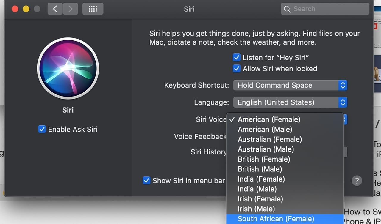 Mac siri preferences showing language menu dropdown