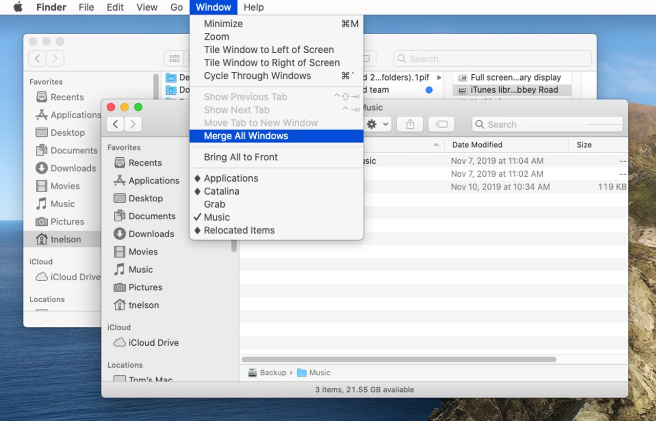 Merge All Windows menu item in Finder.