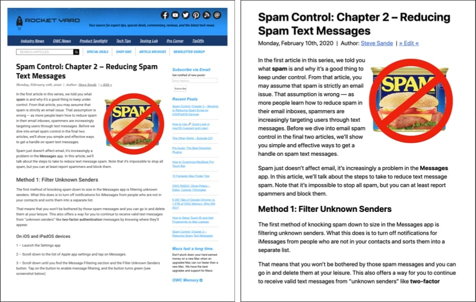 Side by side comparison of a webpage and its corresponsing Safari Reader view.