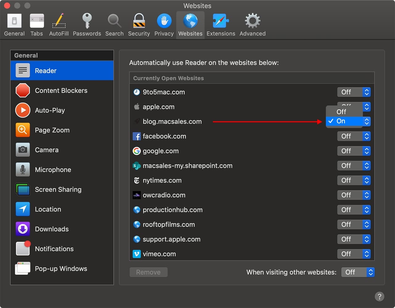 Toggle Safari Reader View on and off for specific sites in Safari Preferences.