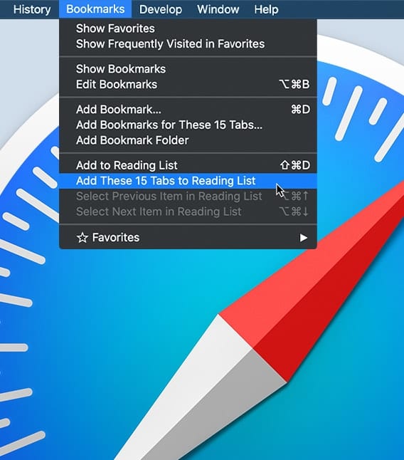 Safari Bookmarks menu with Safari icon in background