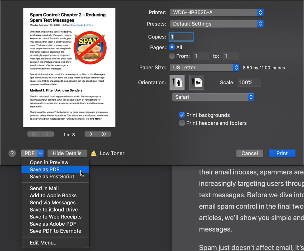 Safari Reader view pages can be saved as PDF's