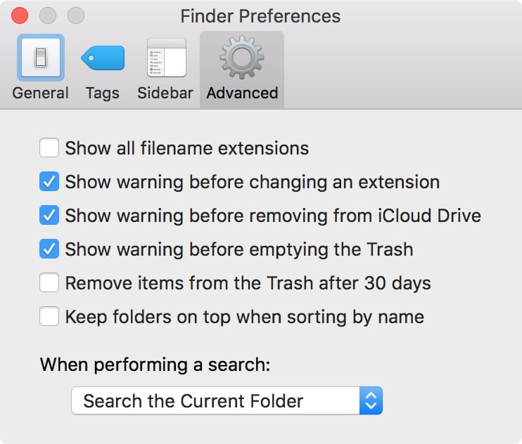 Finder Preference for showing file extensions.