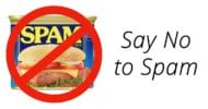Can of spam crossed out with a red circle and text saying "say no to spam"