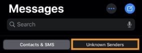 Once "Filter Unknown Senders" is enabled, a new list appears in the Messages app (outlined in orange)