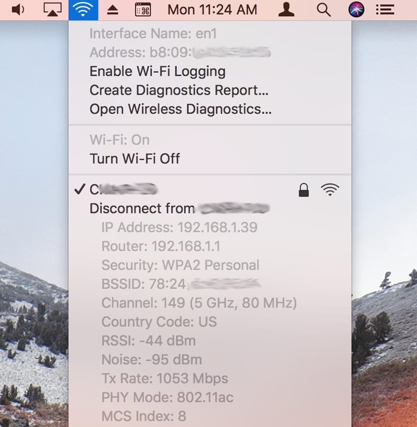 The Wi-Fi menu bar icon displays additional details about the Wi-Fi connection.