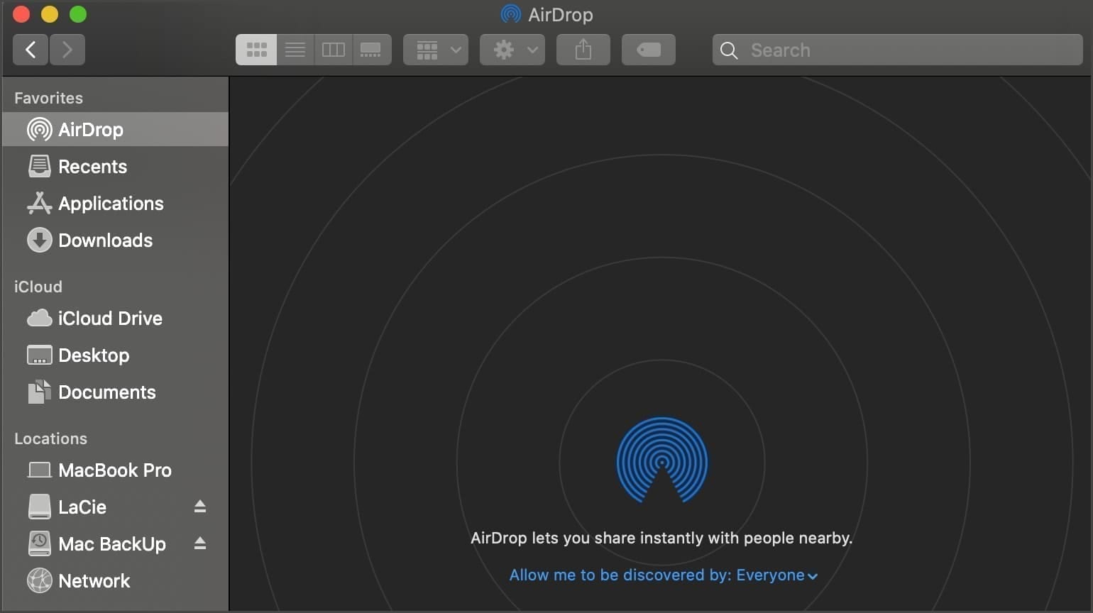 Mac Finder wiondow showing AirDrop icon