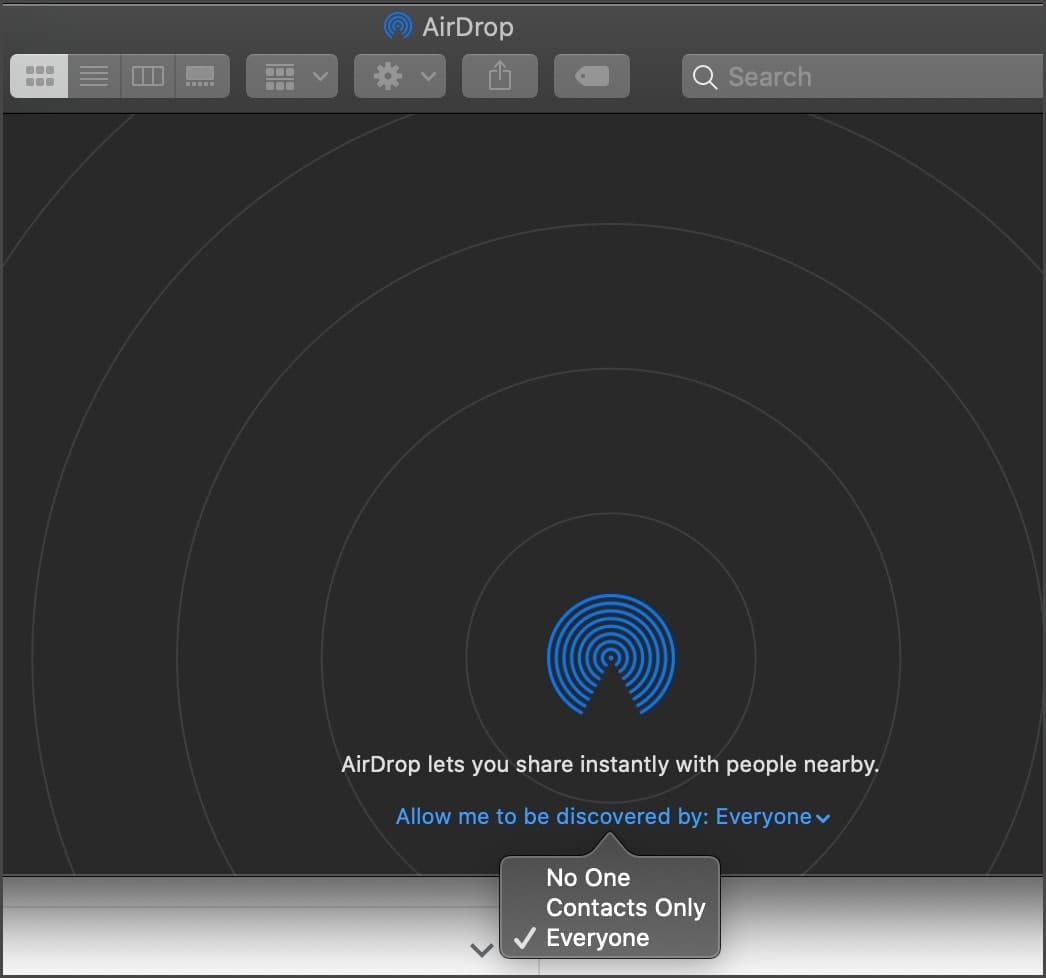 Mac Finder wiondow showing AirDrop icon with "everyone" selected under "allow me to be discovered by"