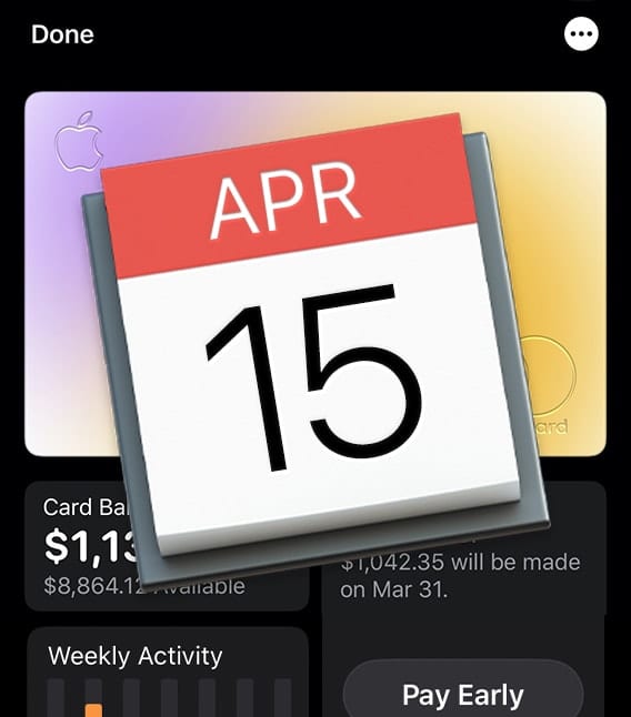 Screen shot of Apple Card statement overlaid with mac calendar icon showing APR 15