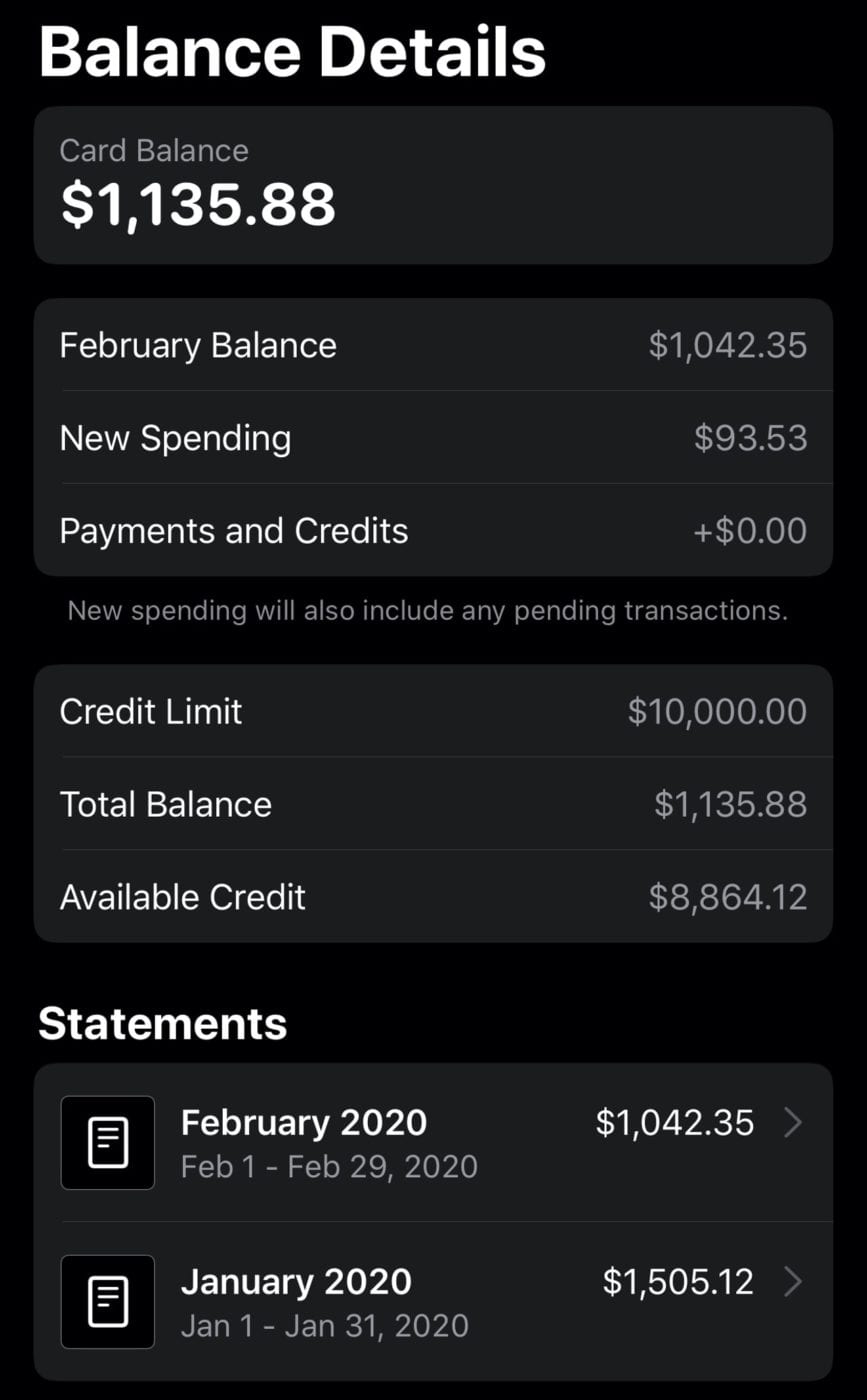 The Balance Details screen displays your current balance, credit limit information, and a list of monthly statements at the bottom.