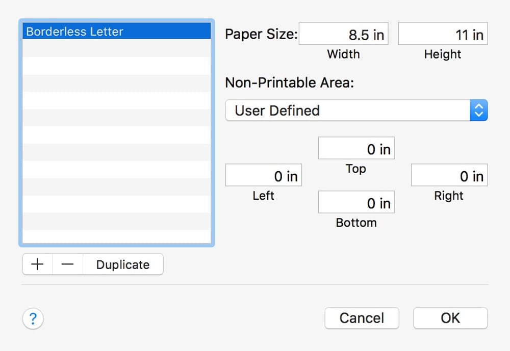 Custom paper size margin settings.