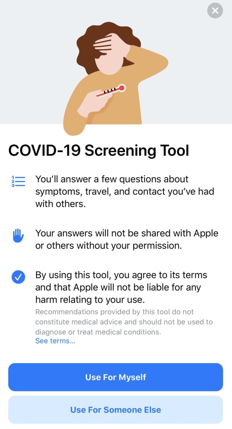 The opening screen of the Apple/CDC COVID-19 Screening Tool