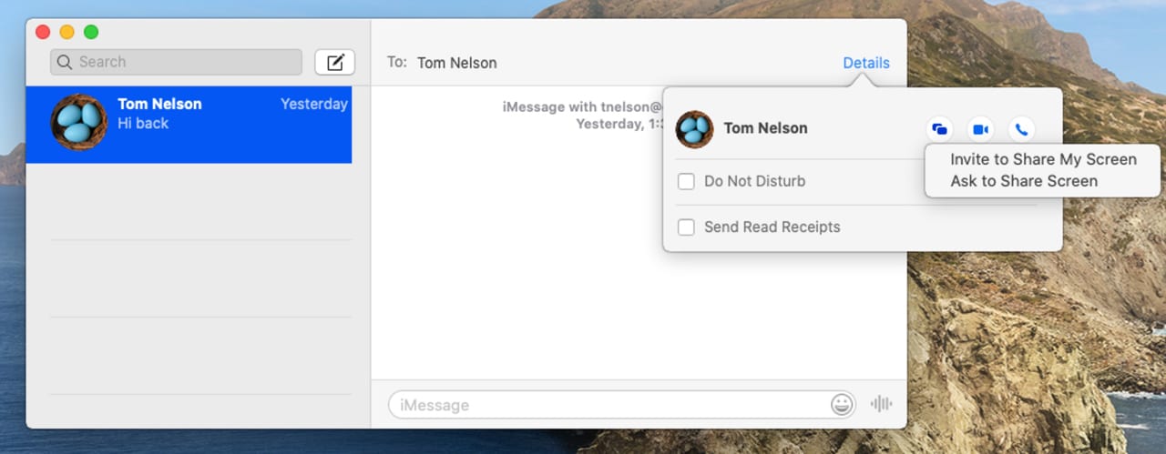 Messages app with option to share a Mac's screen shown.