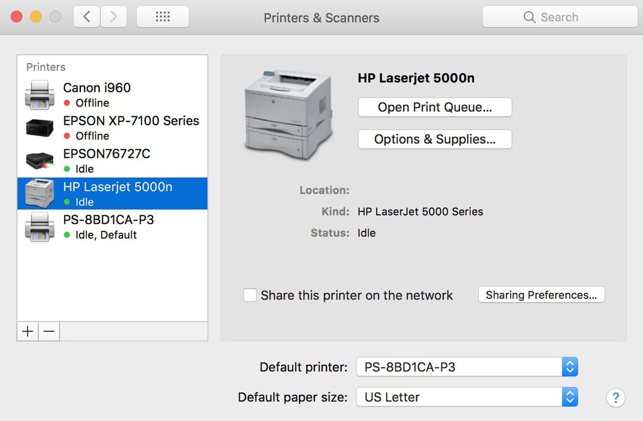 Printers & Scanners preference pane.