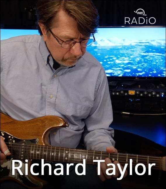 Richard Taylor playing guitar with OWC RADiO logo