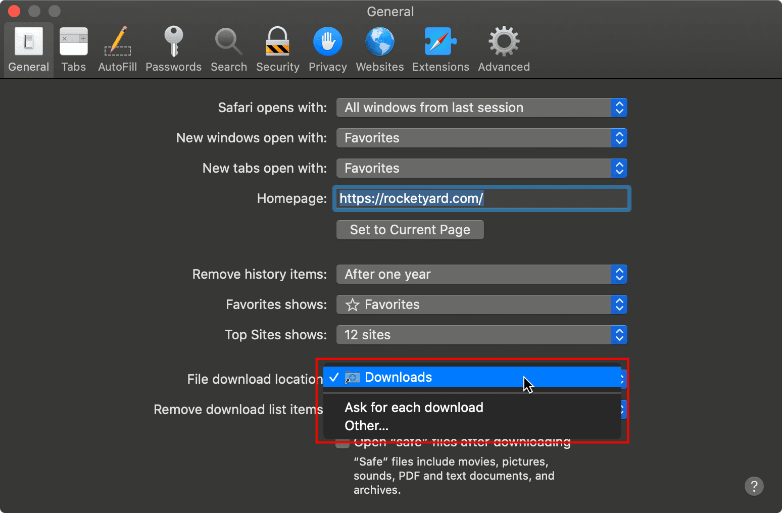 Screen shot of Safari preferences with file download location highlighted