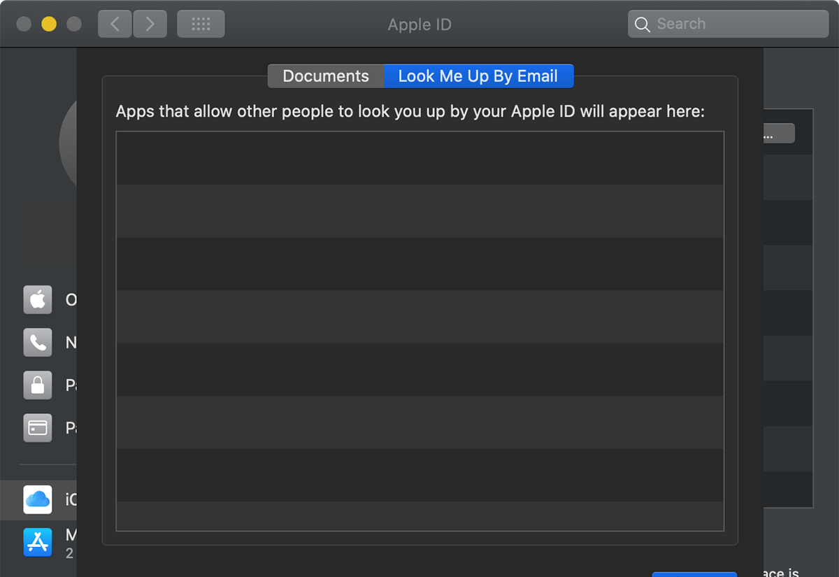 icloud preferences showing "look me up by email"