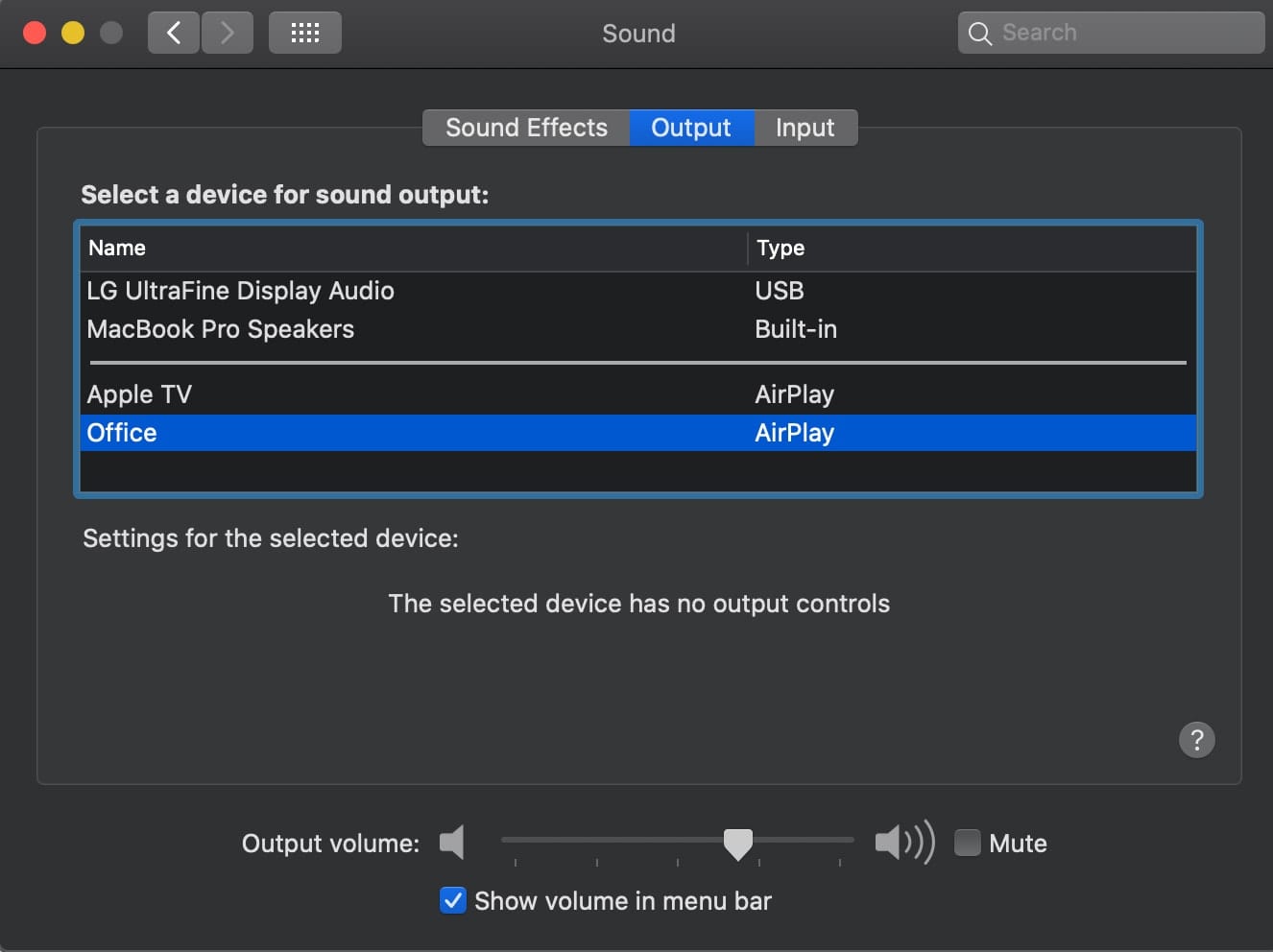 Screen shot of mac sound preferences window